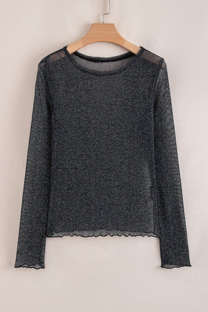 Metallic Glitter Mesh Long Sleeve Top