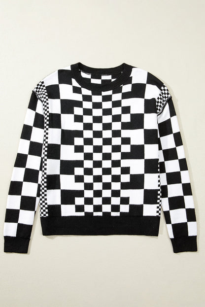 Checker Round Neck Drop Shoulder Sweater