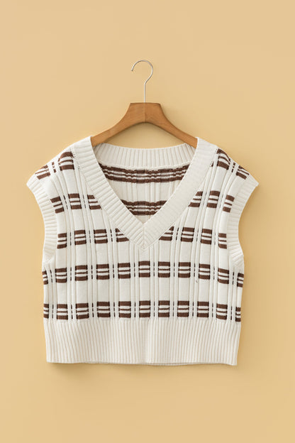 Geometric Textured V-Neck Crop Sweater Top