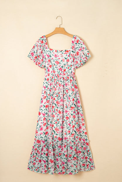 Floral Puff Sleeve Empire Waist Tiered Dress