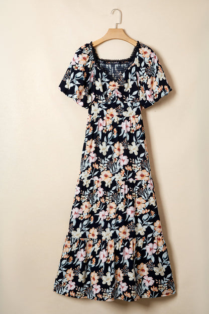 Floral Short-Sleeve Smock High-Waist Maxi Dress
