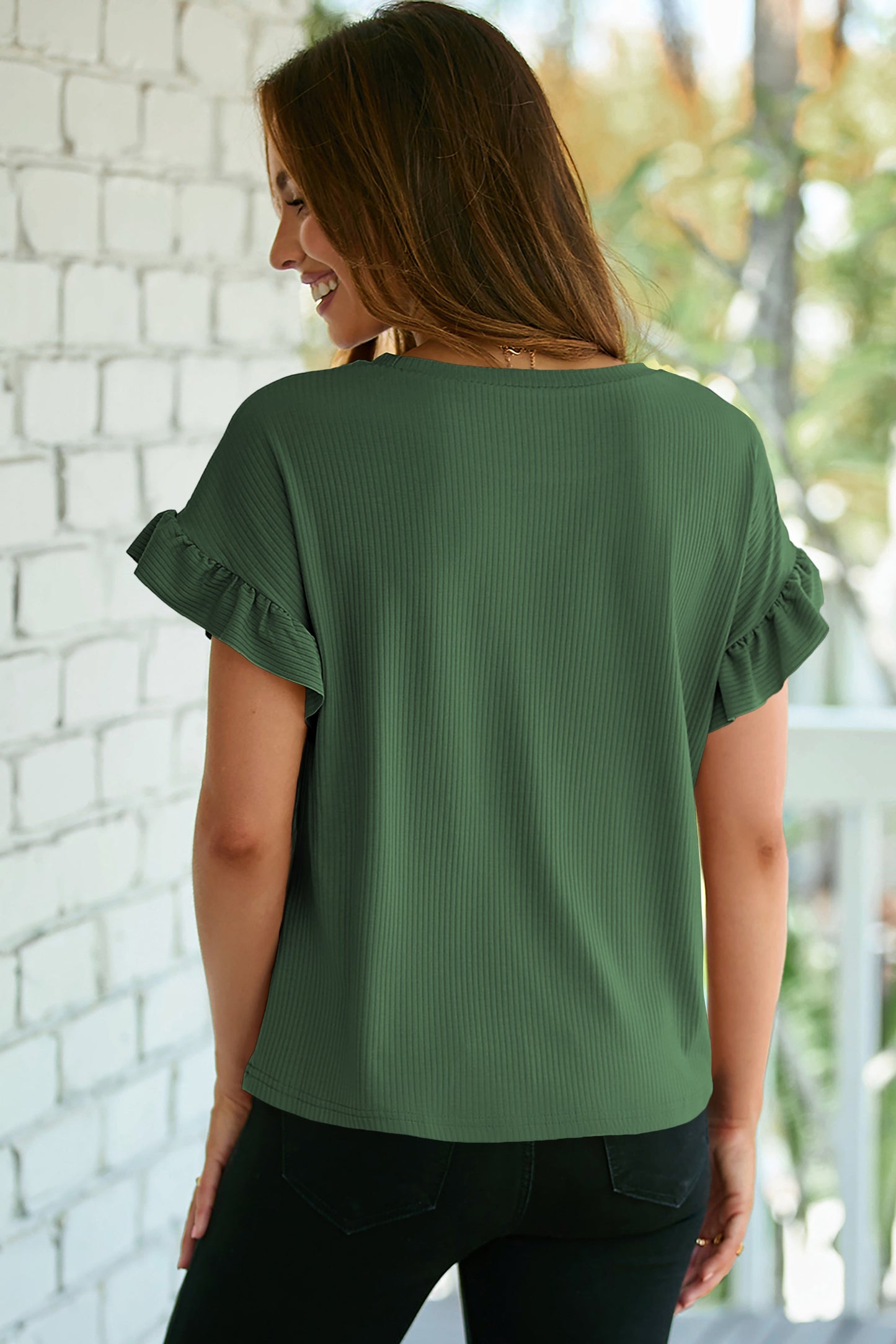 Solid Rib Ruffle Short Sleeve T-Shirt