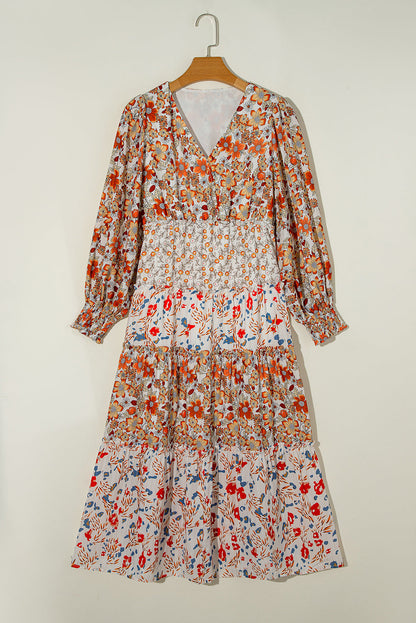 Floral V-Neck Ruffle Long Sleeve Midi Dress