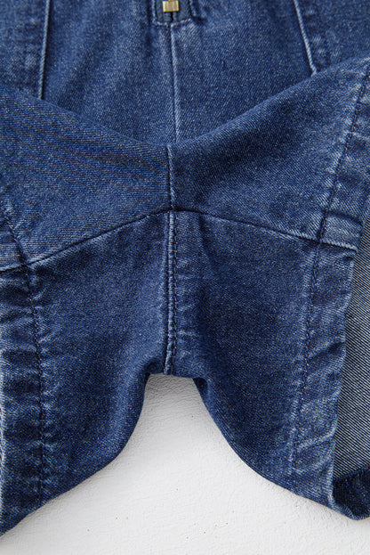 Denim Ruffle Zip Front Belted Romper
