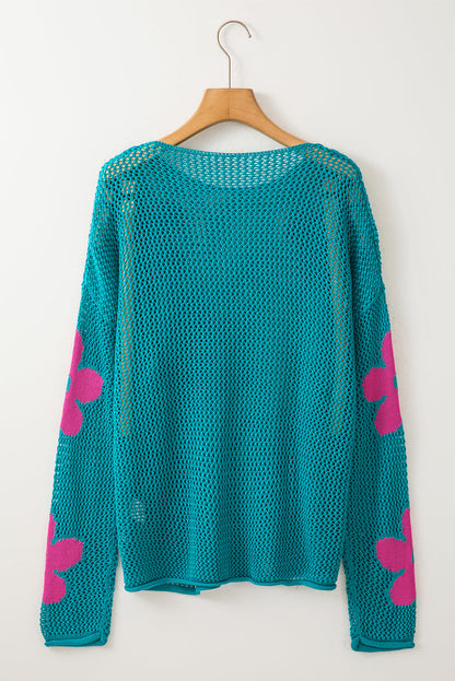 Floral Hollowed Knit Drop Shoulder Pullover Sweater