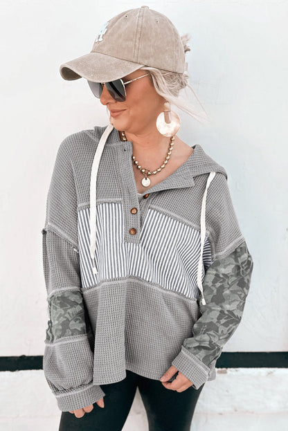 Stripe Waffle Patchwork Hooded Long Sleeve Top
