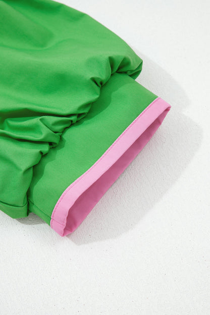 Color Block Split Neck Puff Sleeve Mini Dress
