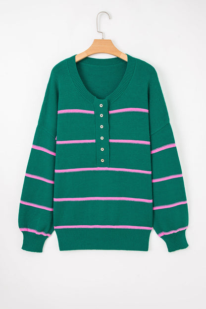 Plus Size Stripe Half Button Drop Shoulder Sweater
