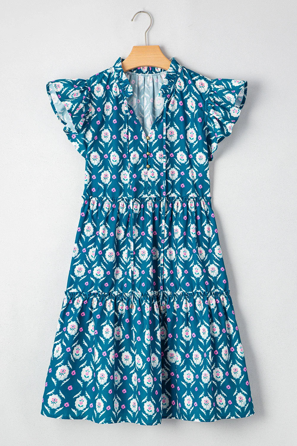 Floral Retro Split Neck Ruffle Sleeve Dress