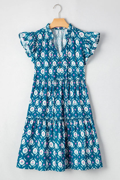 Floral Retro Split Neck Ruffle Sleeve Dress