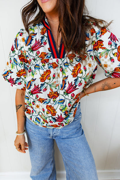 Floral V-Neck Puff Sleeve Blouse