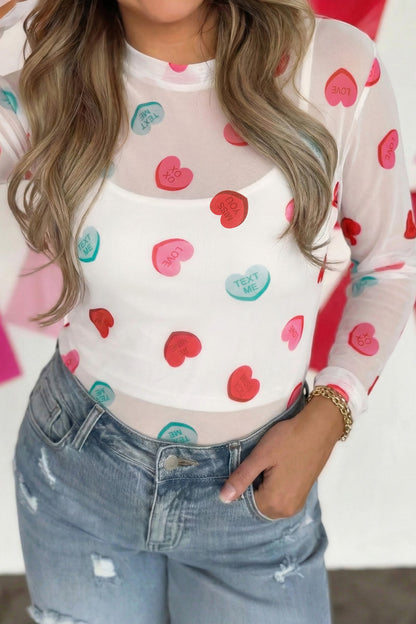 Valentine Slogan Heart Mesh Long Sleeve Top