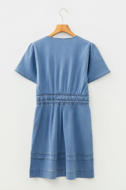Elastic Waist Short Sleeve Denim Mini Dress