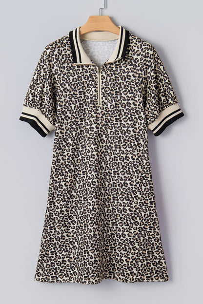 Leopard Zip Neck Stripe Webbing Patchwork Mini Dress