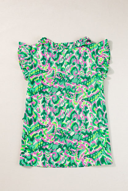 Abstract Ruffled Trim Tied Split Neck Tank
