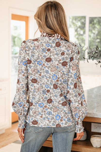 Floral Plaid Frilled Trim Long Sleeve Blouse