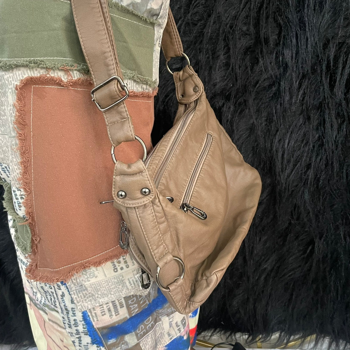 Vintage Button Patch Crossbody Bag