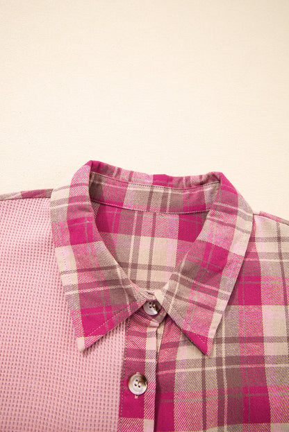 Plus Size Plaid Patchwork Waffle Patch Pocket Shirt