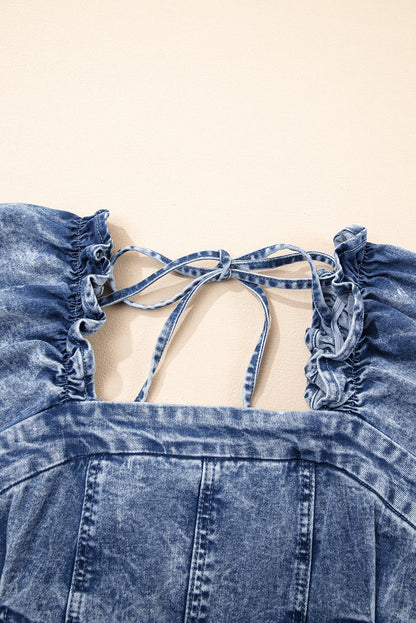 Denim Frilly Square Neck Bustier Puff Sleeve Dress