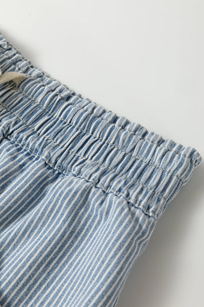 Stripe Raw Edge Drawstring Waist Denim Shorts
