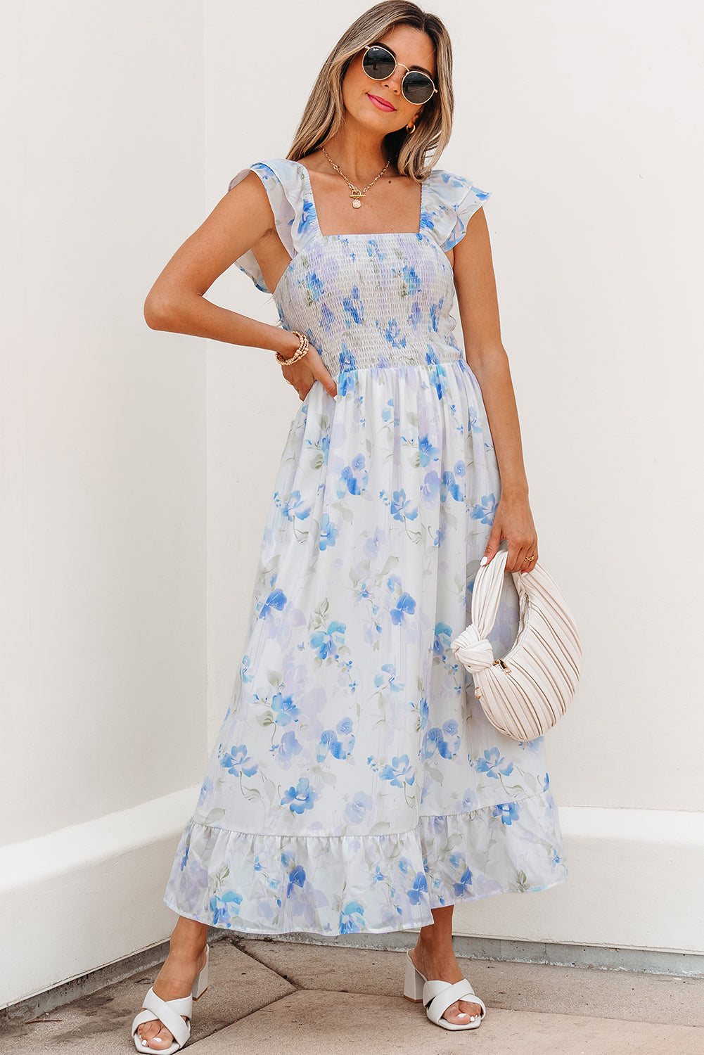Floral Smocked High Waist Double Ruffle Dress