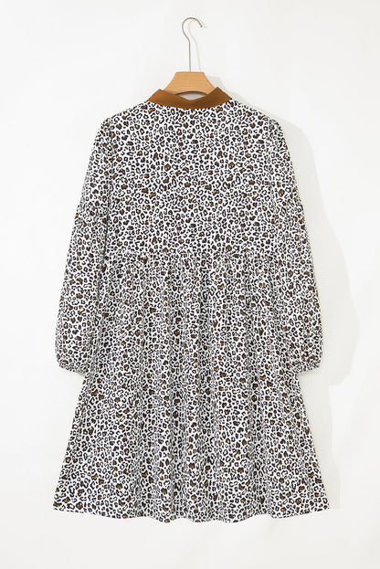 Plus Size Leopard Half-Button Collared Puff Sleeve Dress