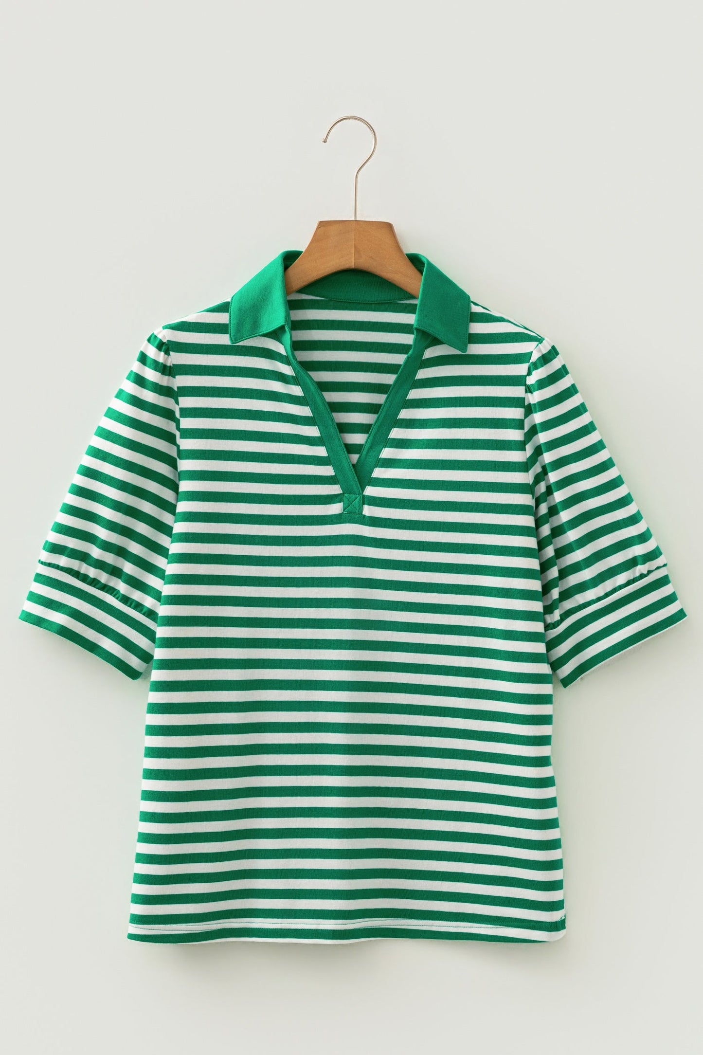 Stripe Collar V-Neck Short Puff Sleeve Top