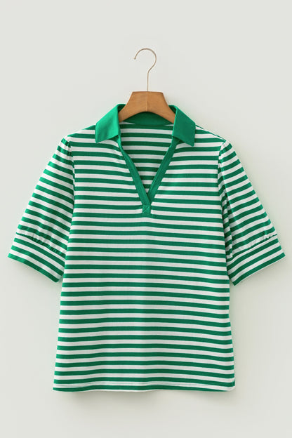Stripe Collar V-Neck Short Puff Sleeve Top