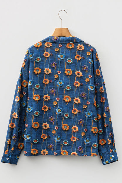 Floral Patchwork Long Sleeve Collared V-Neck Blouse