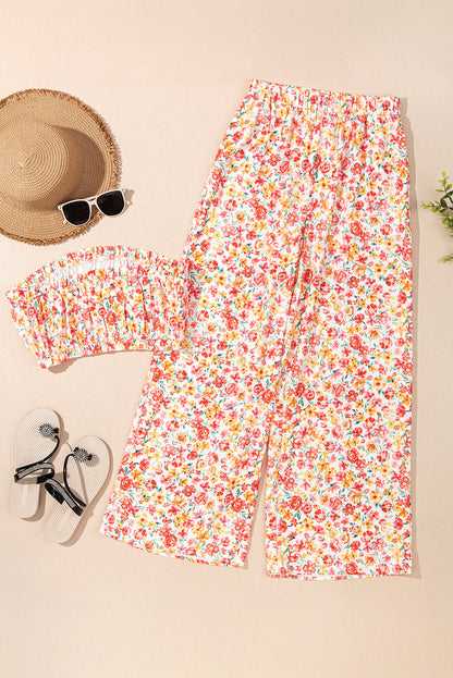 Floral Bandeau Top and Wide Leg Pants Set