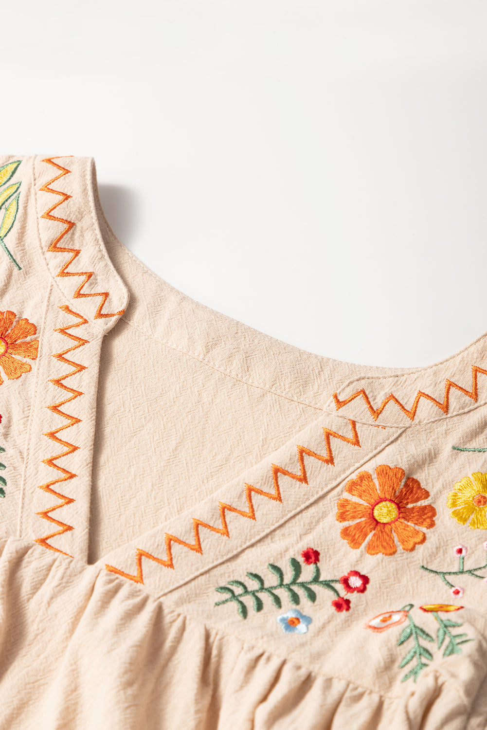 Linen Embroidery Pom Pom Ruffle Dress