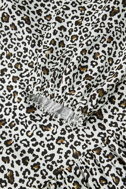 Plus Size Leopard Contrast Trim Puff Sleeve Blouse