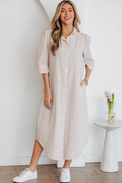 Stripe Frill Collar Half Sleeve Maxi Dress