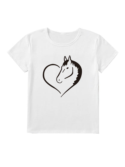 Heart Horse Pattern Printed Shoulder Short Sleeve