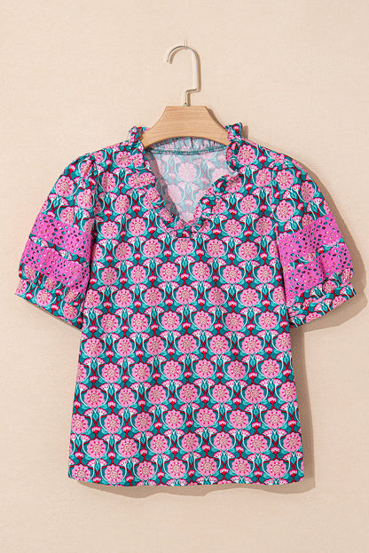 Floral Abstract V-Neck Ruffle Puff Sleeve Top