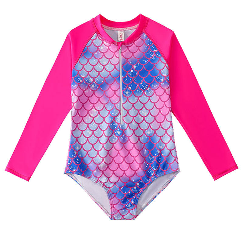 Children's Mermaid Scale One-Piece Swimsuit with Long Sleeves