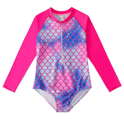 Children's Mermaid Scale One-Piece Swimsuit with Long Sleeves
