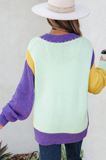 Color Block Stitched V-Neck Drop Shoulder Sweater