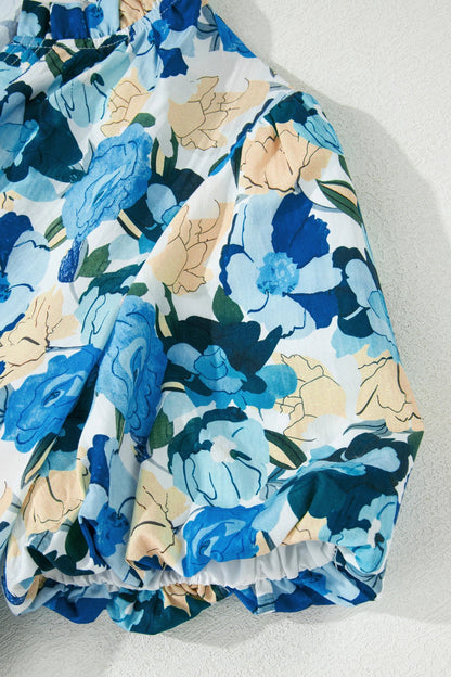 Floral Puff Sleeve V-Neck Short Blouse
