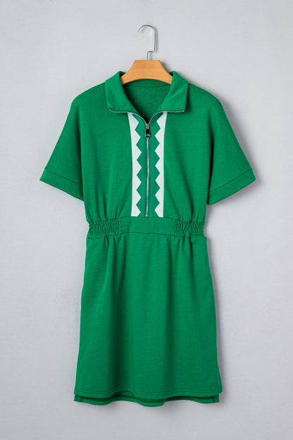 Contrast Patchwork Half-Zip Elastic Waist Dress