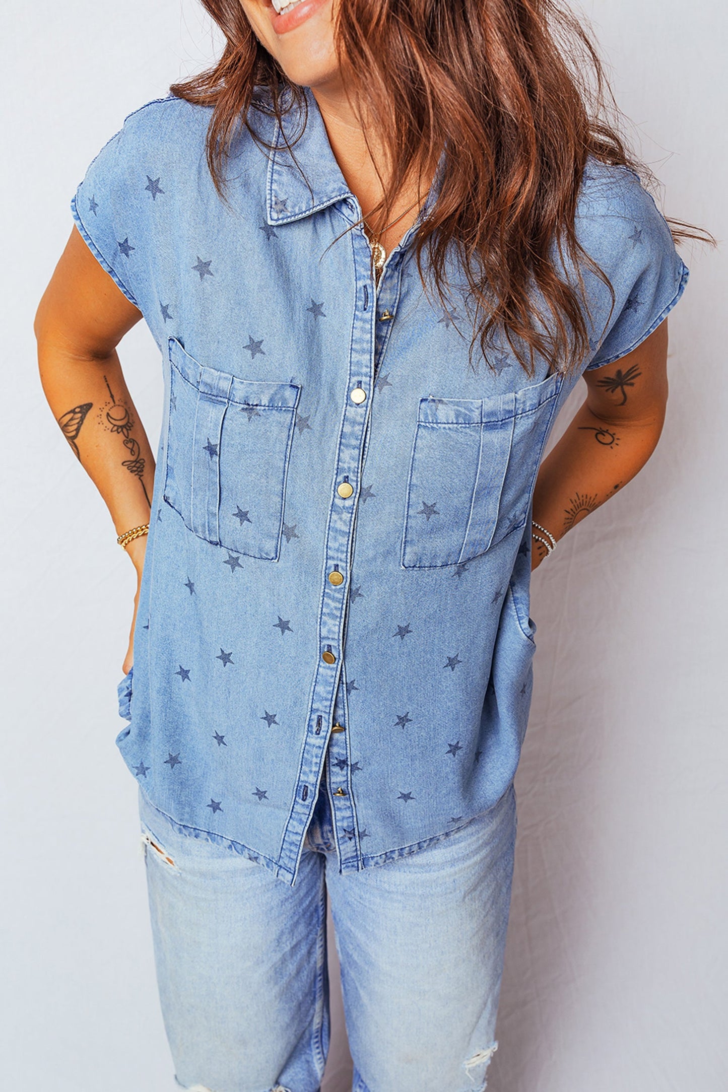Double Chest Pocket Short Sleeve Denim Shirt