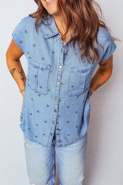Double Chest Pocket Short Sleeve Denim Shirt