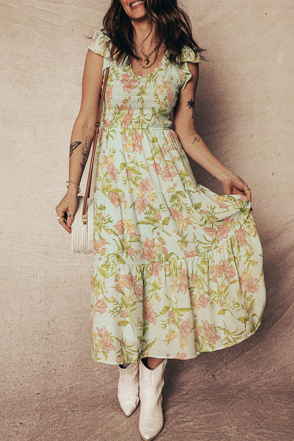 Floral Smocked Bodice Ruffled Maxi Dress