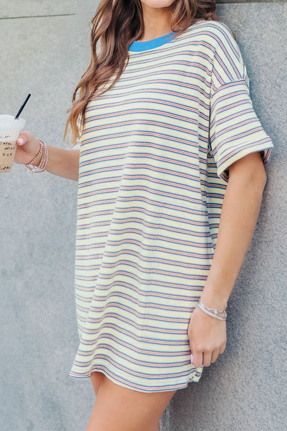 Stripe Drop-Shoulder Cuff-Sleeve Loose Tunic Dress