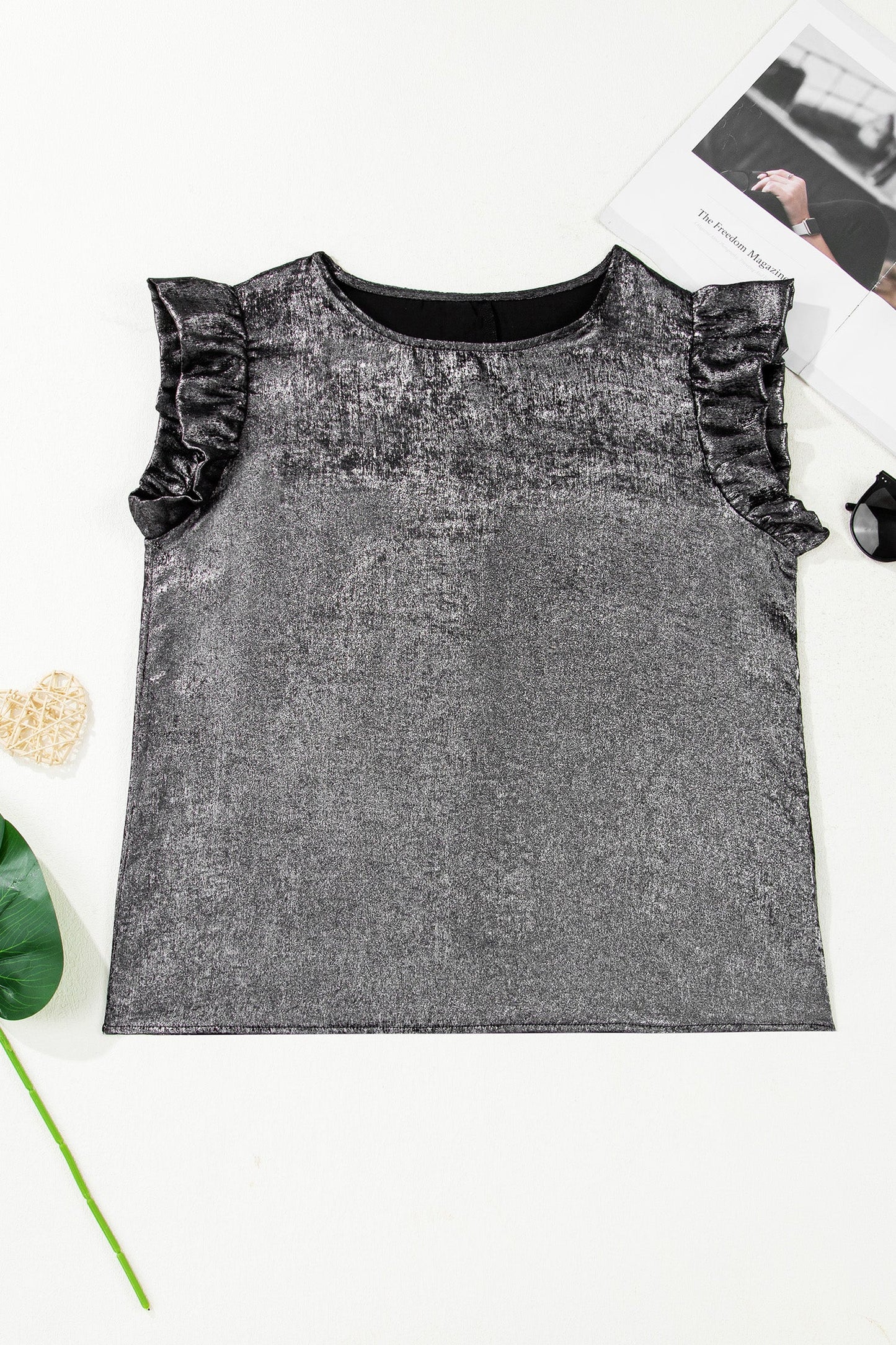 Metallic Round Neck Ruffle Trim Sleeveless Top