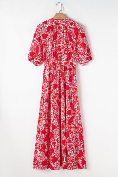 Paisley Side Slit Puff Sleeve Maxi Dress