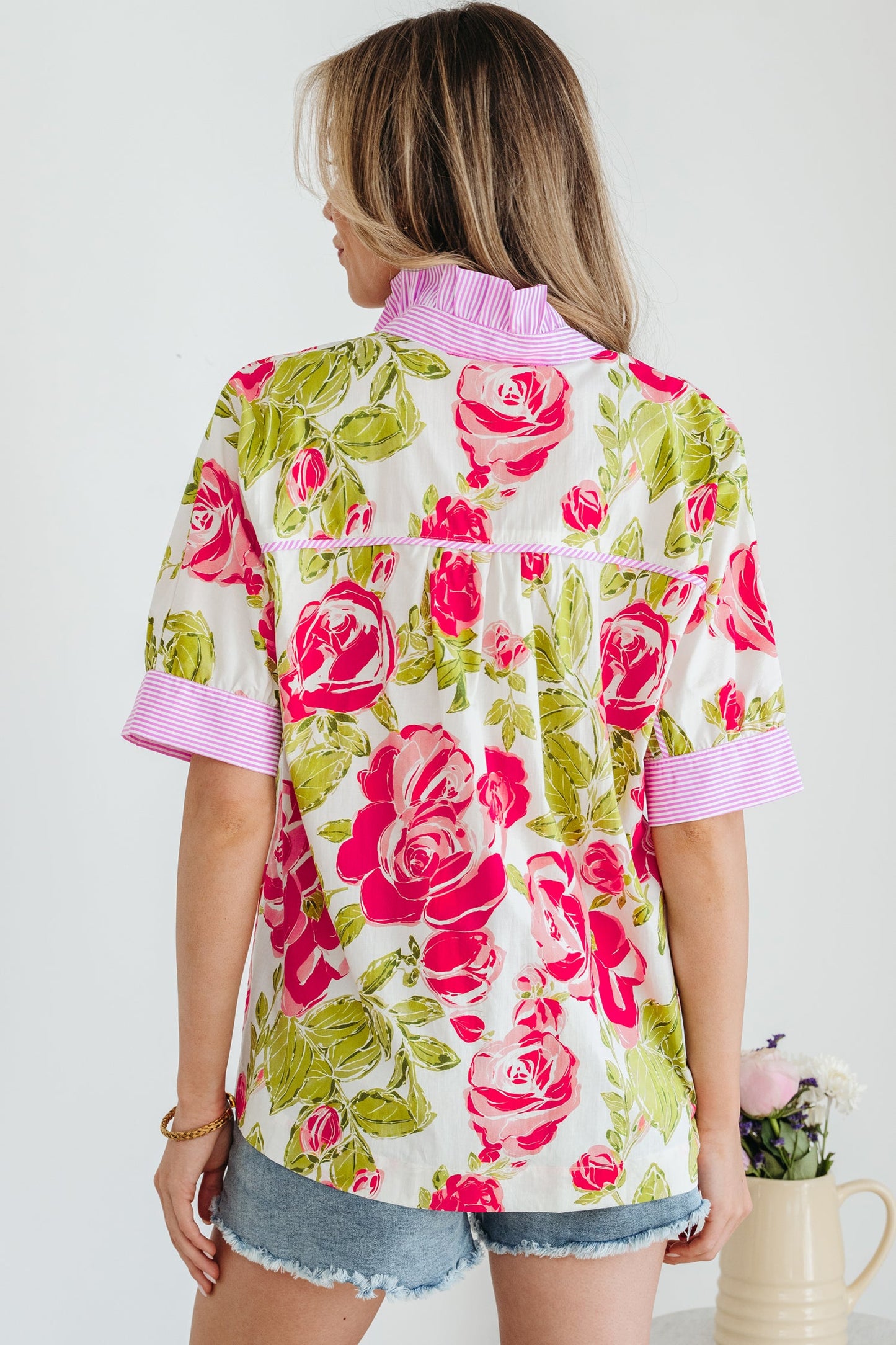 Stripe Trim Frill Collar Short Sleeve Shirt