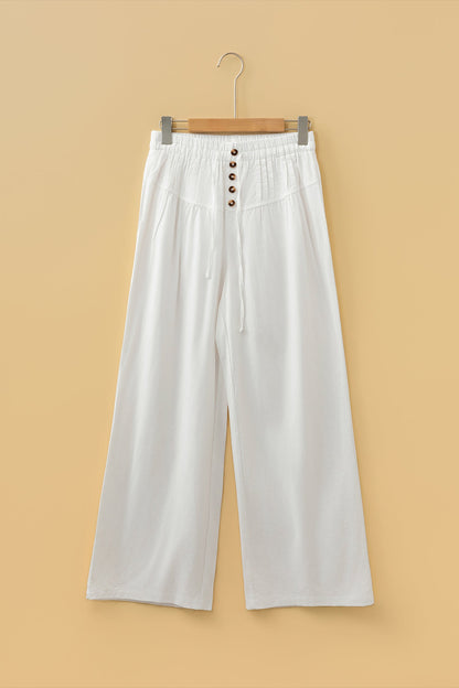 Drawstring Elastic Waist Button Pleated Wide Leg Pants