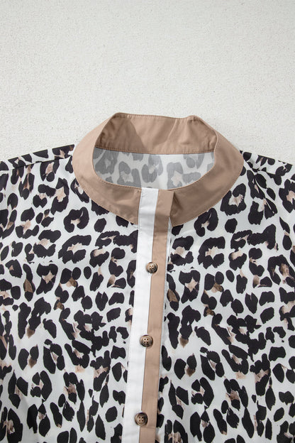Plus Size Leopard Contrast Trim Button Top