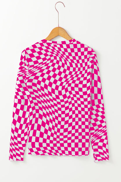 Checker Mesh Mock Neck Long Sleeve Top